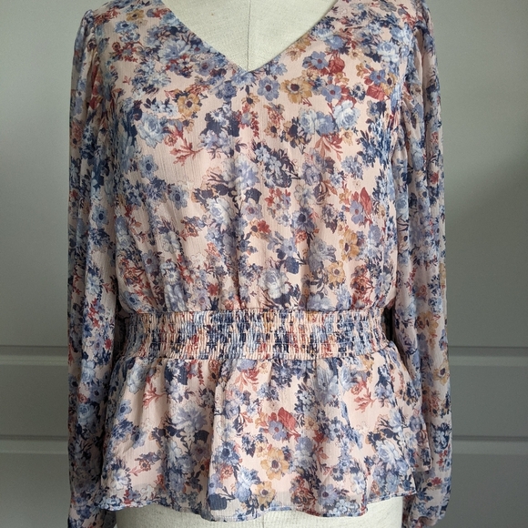 1. State Blouse V-Neck Long Sleeves Sheer Floral Peplum Waist Pink Blues M NWT - Picture 3 of 15